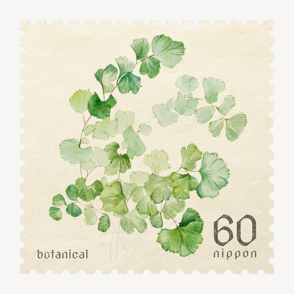 Botanical postage stamp, aesthetic ginkgo leaf collage element psd