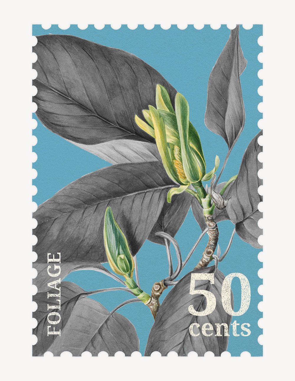 Aesthetic botanical postage stamp, gray leaves design