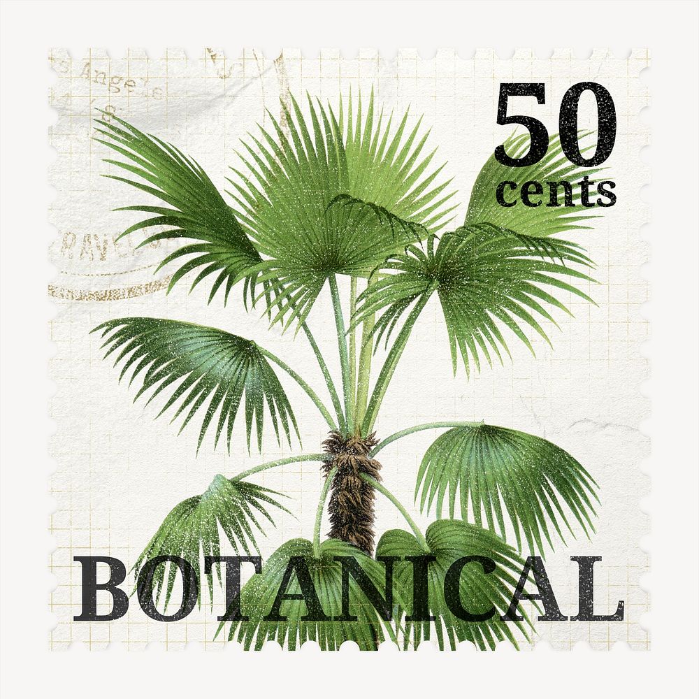 Aesthetic palm tree postage stamp, ephemera botanical collage element psd