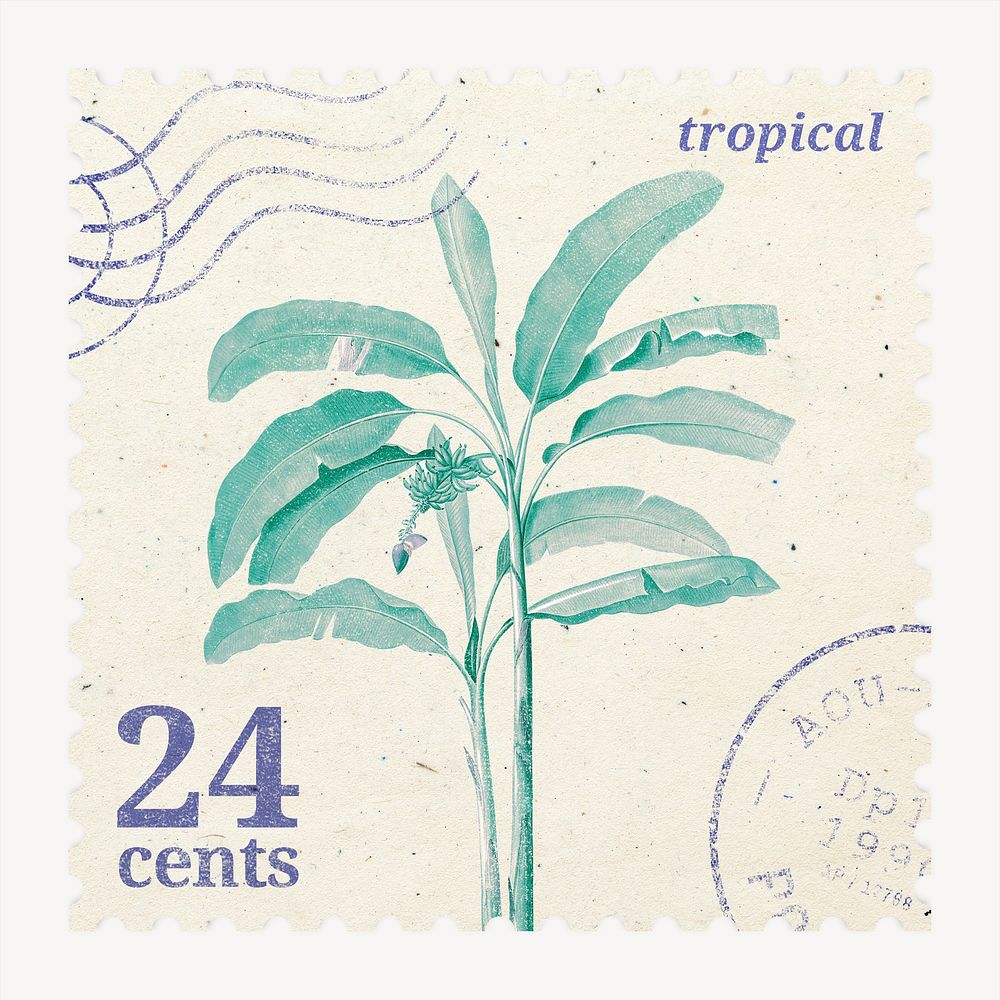 Vintage banana tree postage stamp, tropical plant collage element psd