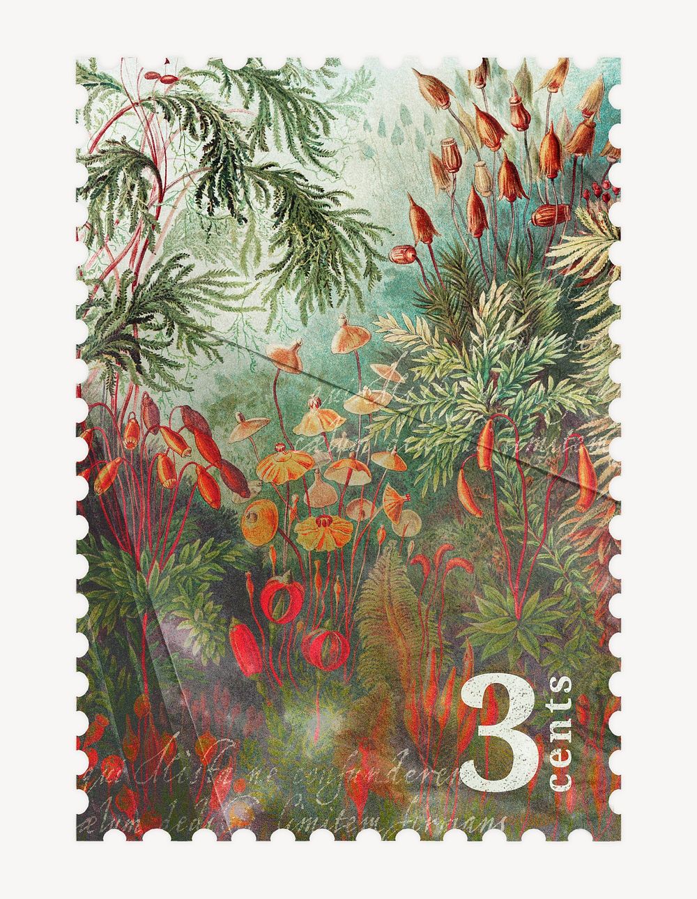 Vintage postage stamp, aesthetic mosses design illustration