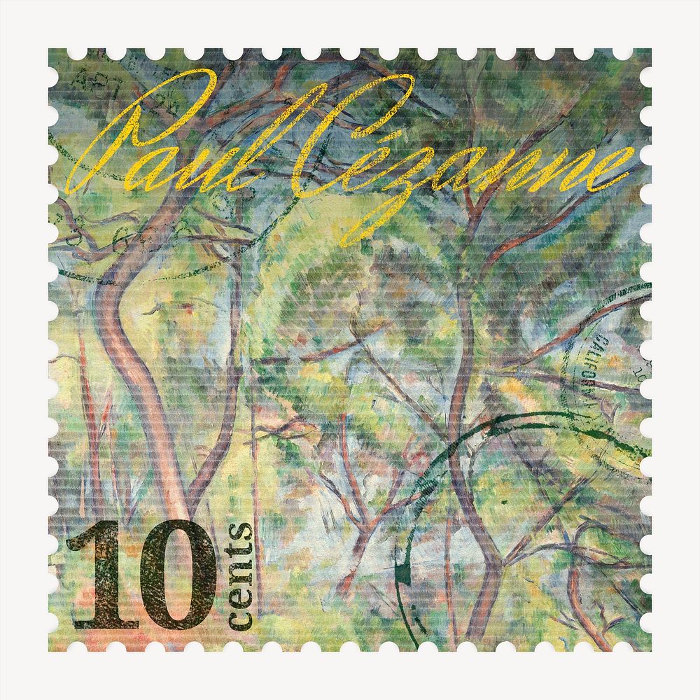 Paul C&eacute;zanne's forest postage stamp, aesthetic collage element psd, remixed by rawpixel