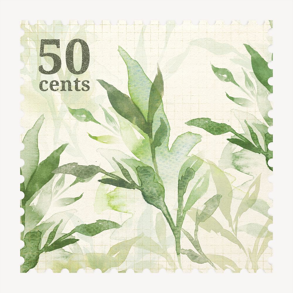 Watercolor plant postage stamp, aesthetic ephemera collage element psd