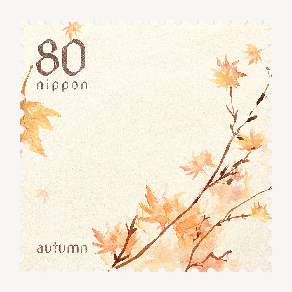 Aesthetic watercolor autumn postage stamp sticker, ephemera collage element psd