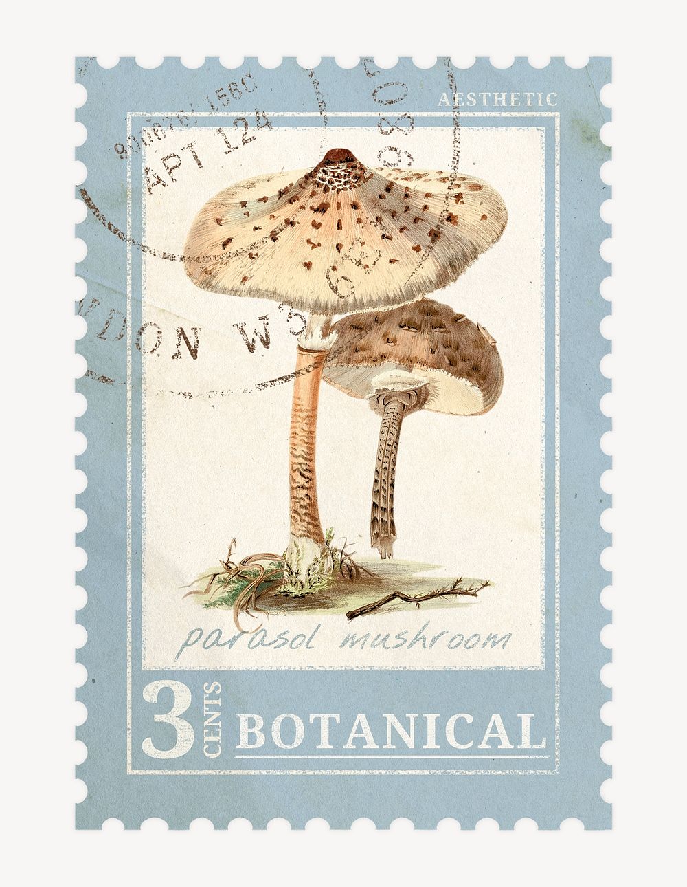 Aesthetic mushroom postage stamp, ephemera collage element psd, remixed by rawpixel