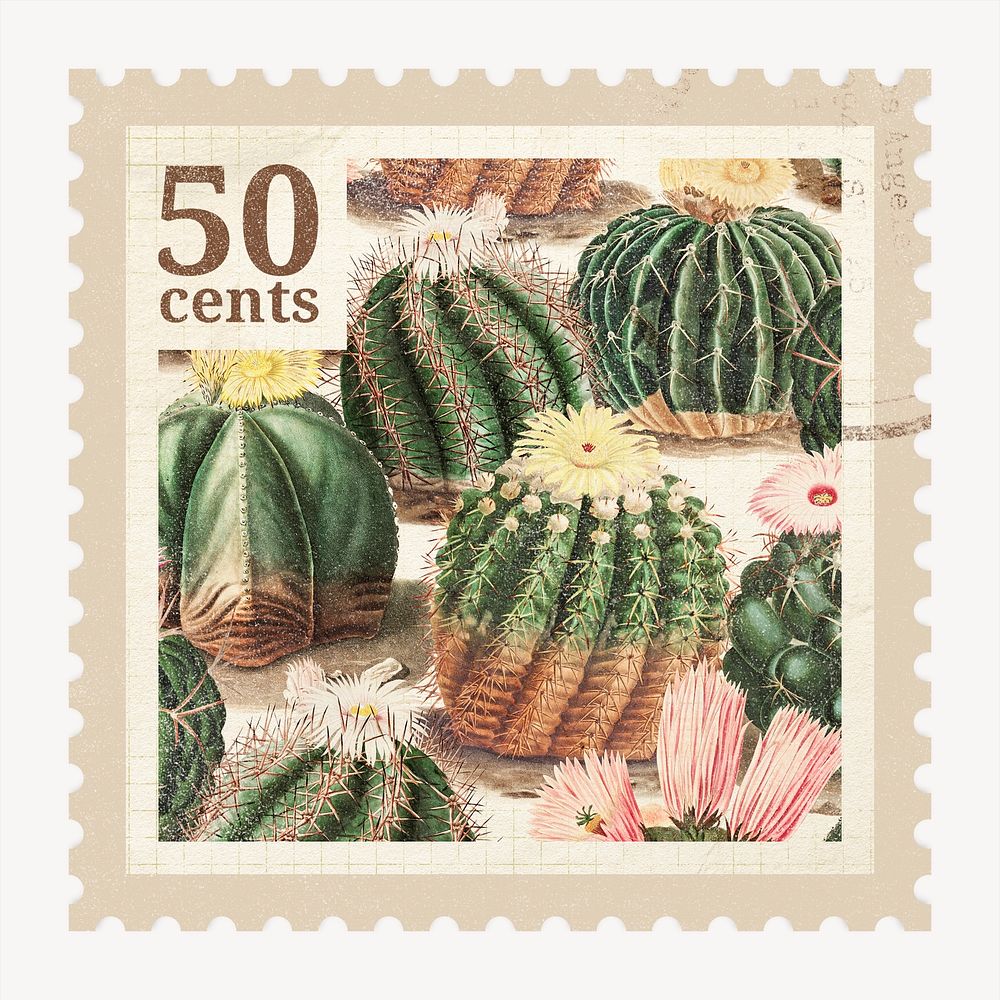 Aesthetic cactus postage stamp, ephemera botanical, collage element psd, remixed by rawpixel