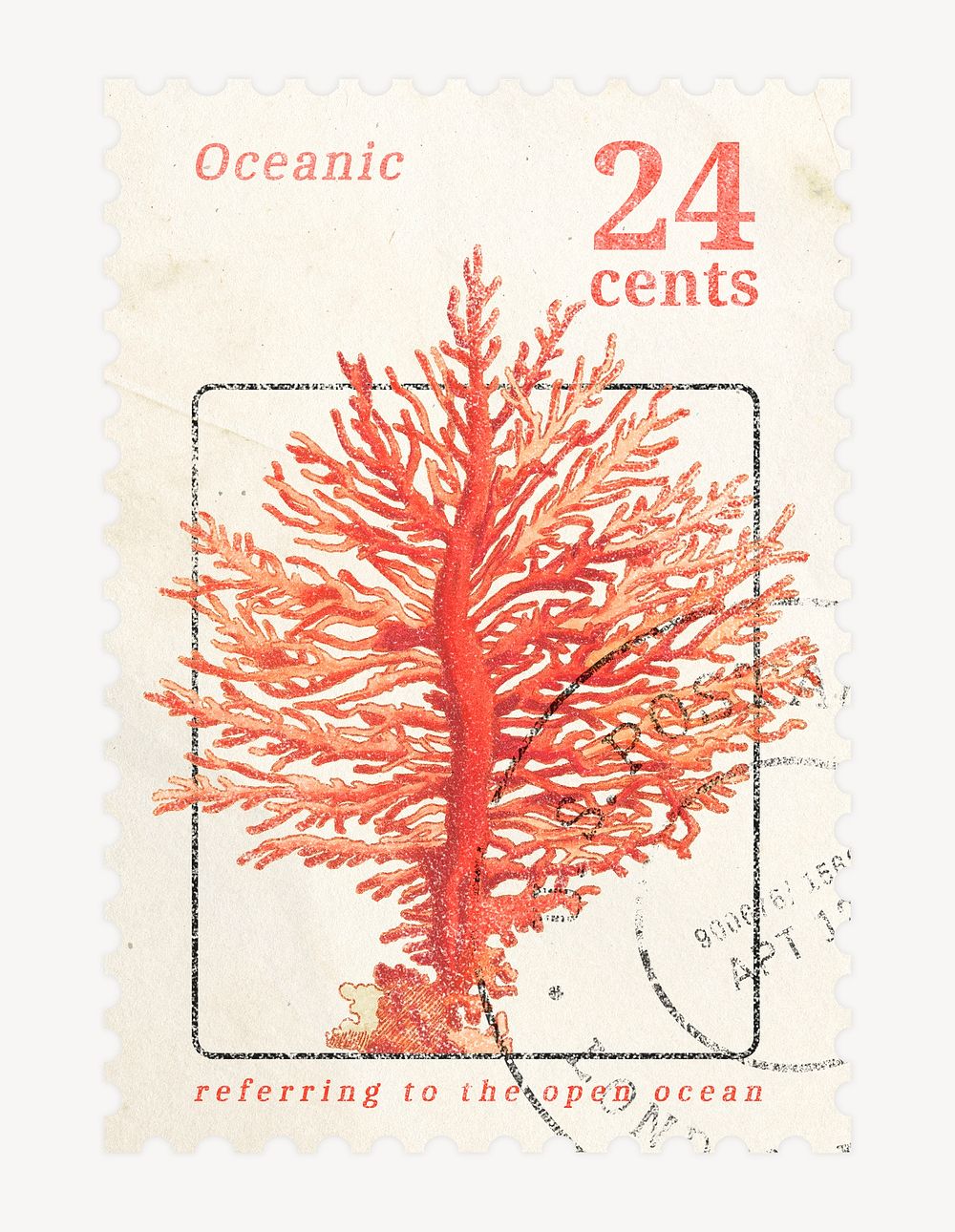 Aesthetic coral postage stamp, ephemera collage element psd, remixed by rawpixel