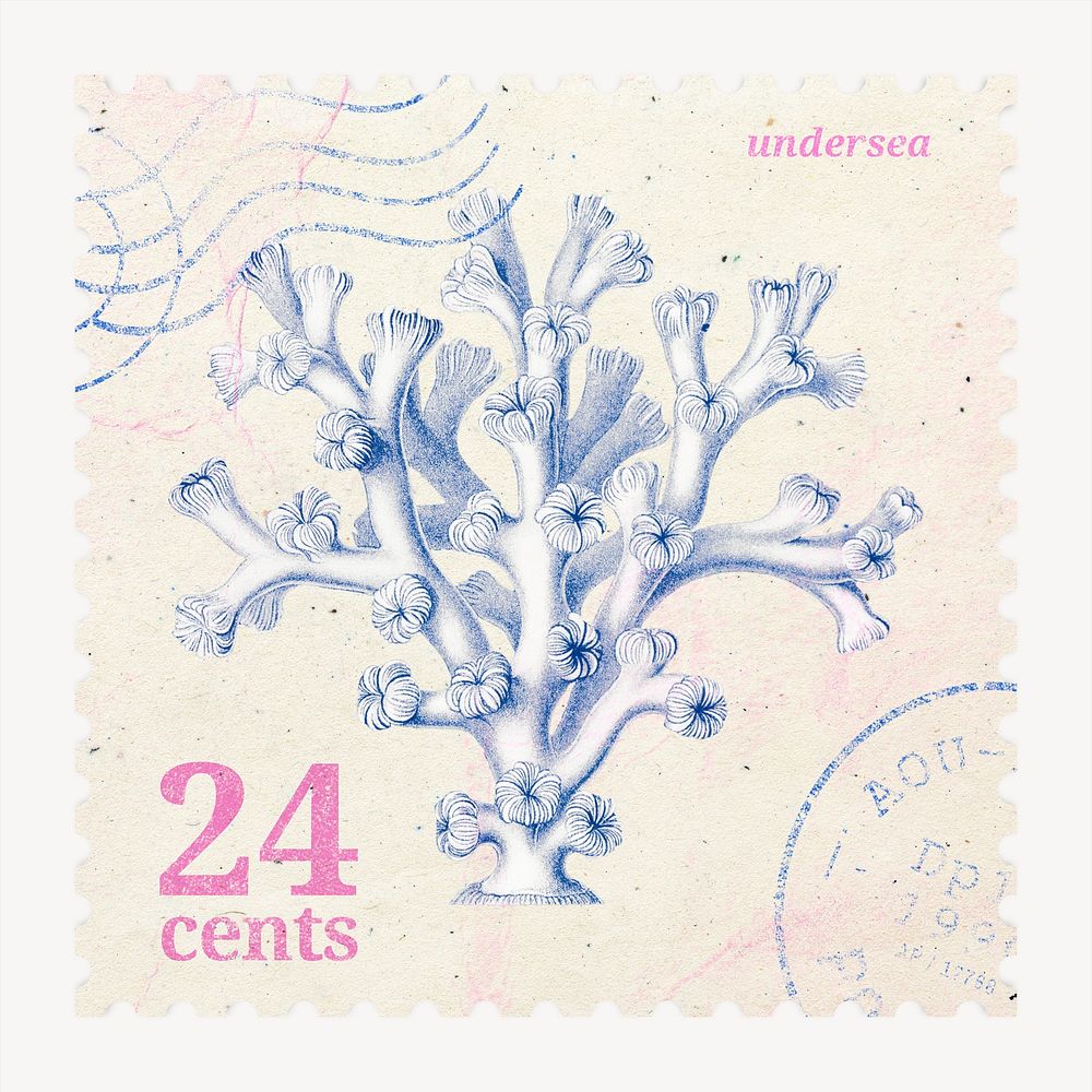 Aesthetic coral postage stamp, ephemera collage element psd, remixed by rawpixel