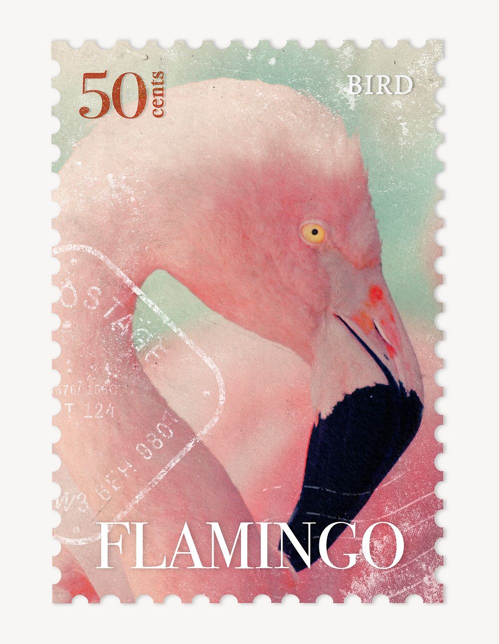 Flamingo postage stamp, animal collage element psd