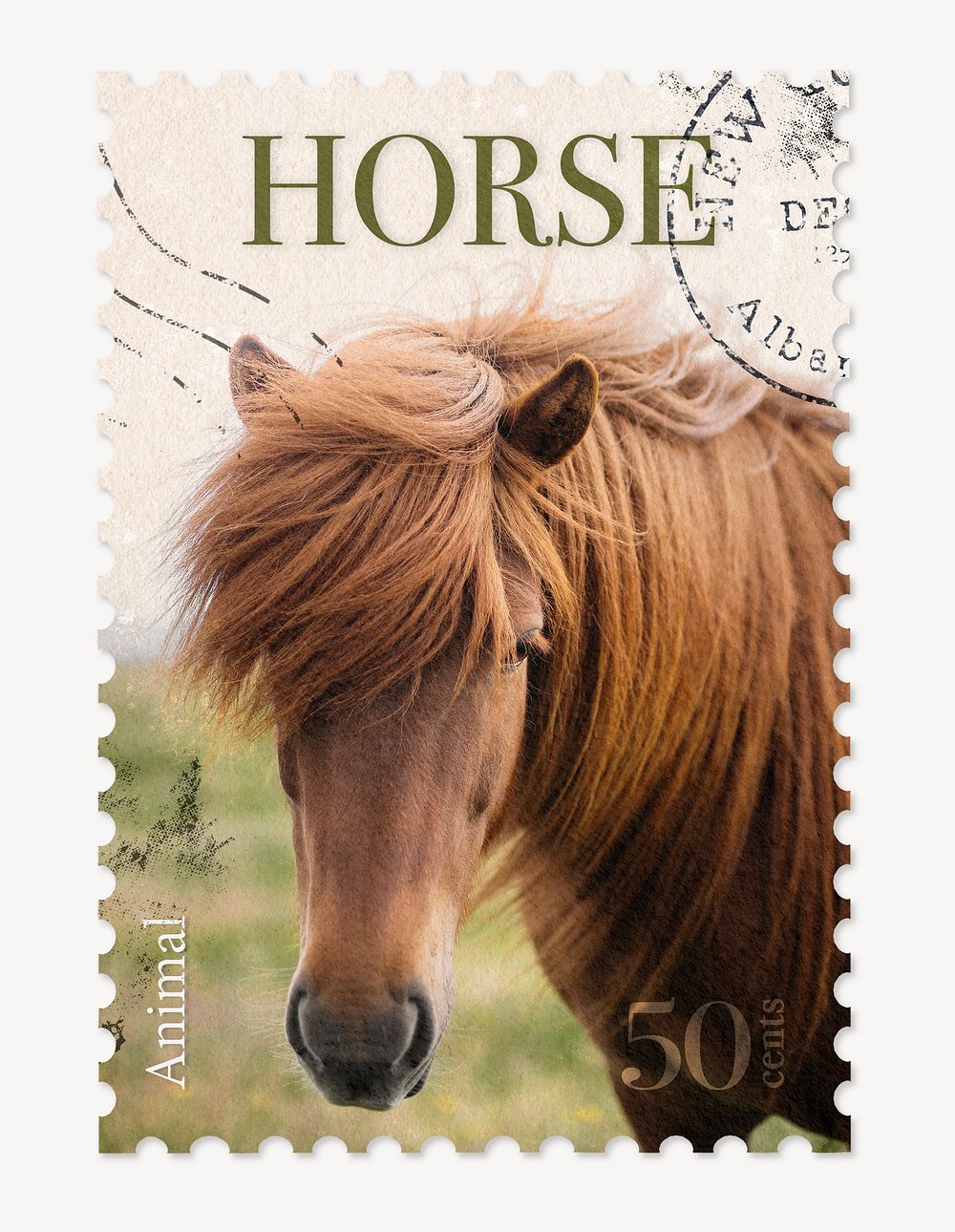 Horse postage stamp, animal collage element psd