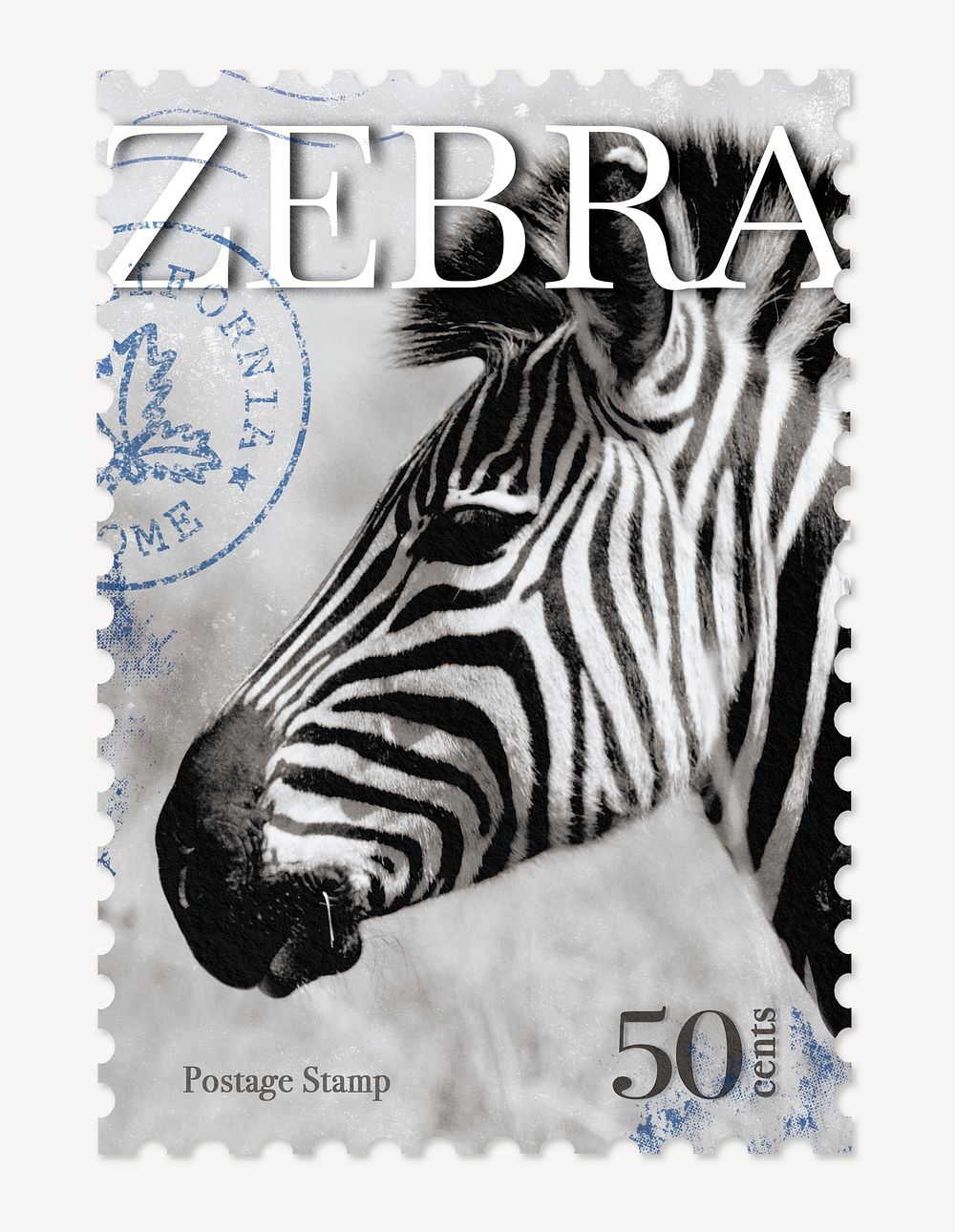 Zebra postage stamp, animal collage element psd