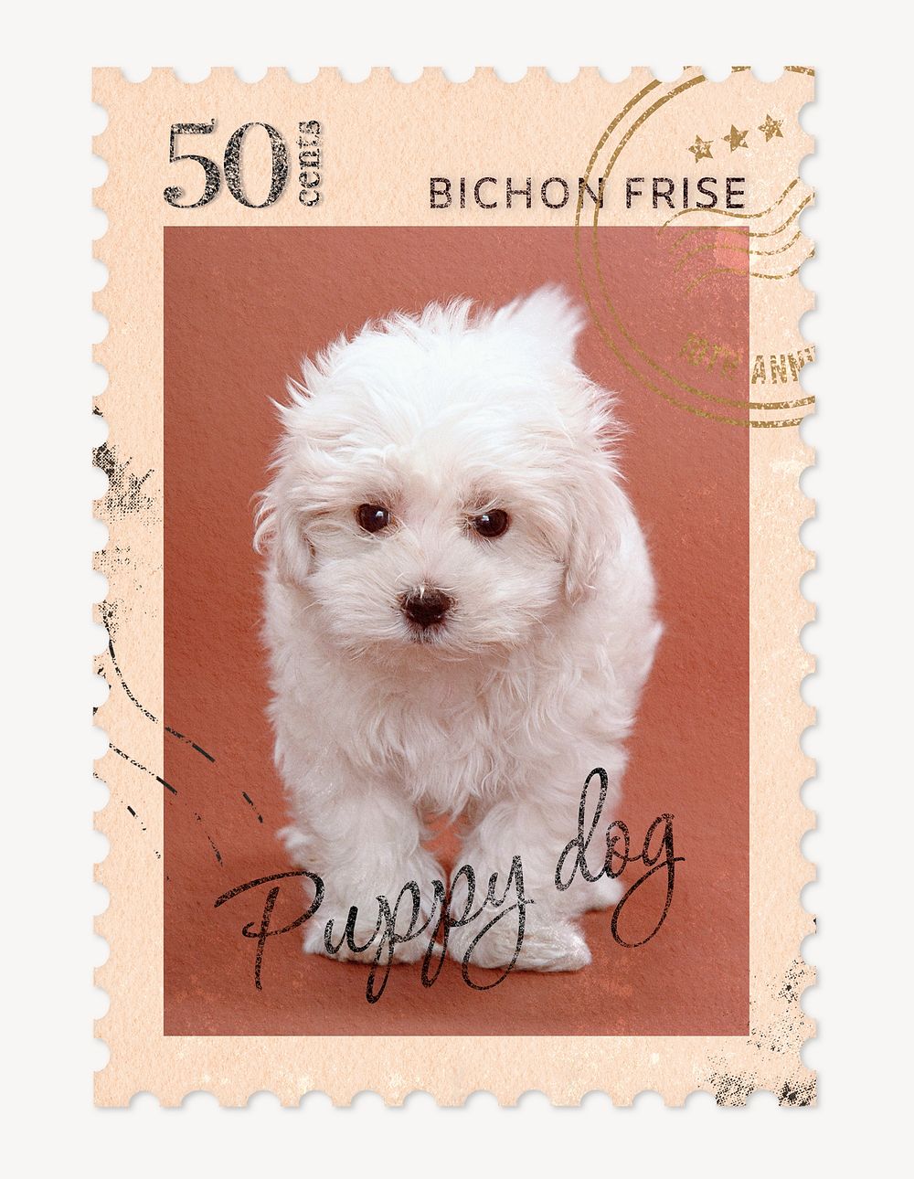 Puppy postage stamp, animal collage element psd