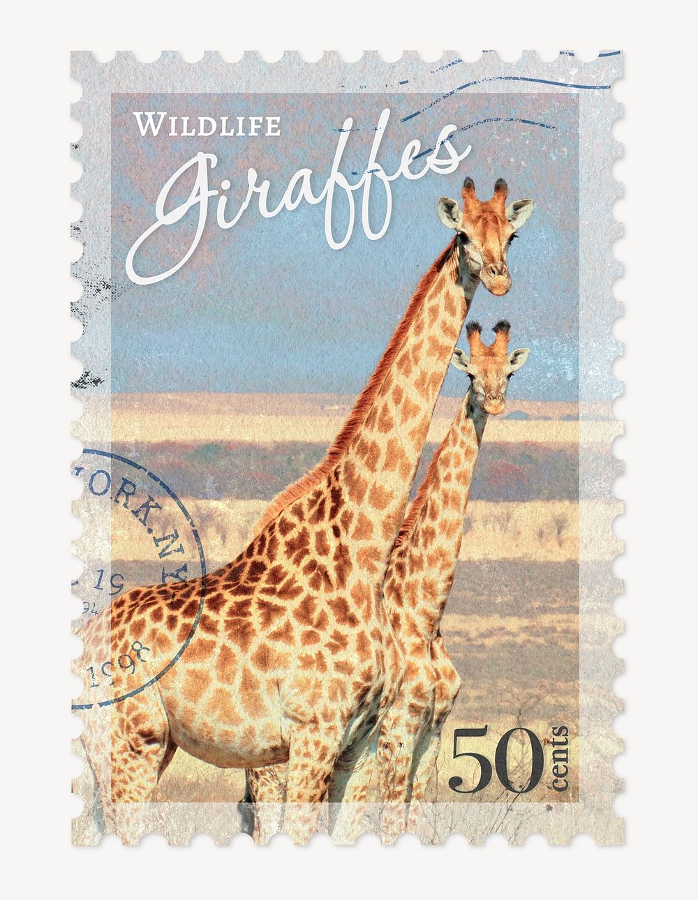 Giraffe postage stamp, animal collage element psd