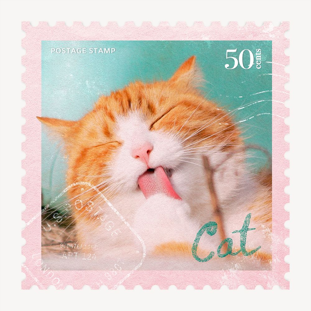 Cute cat postage stamp, aesthetic animal graphic