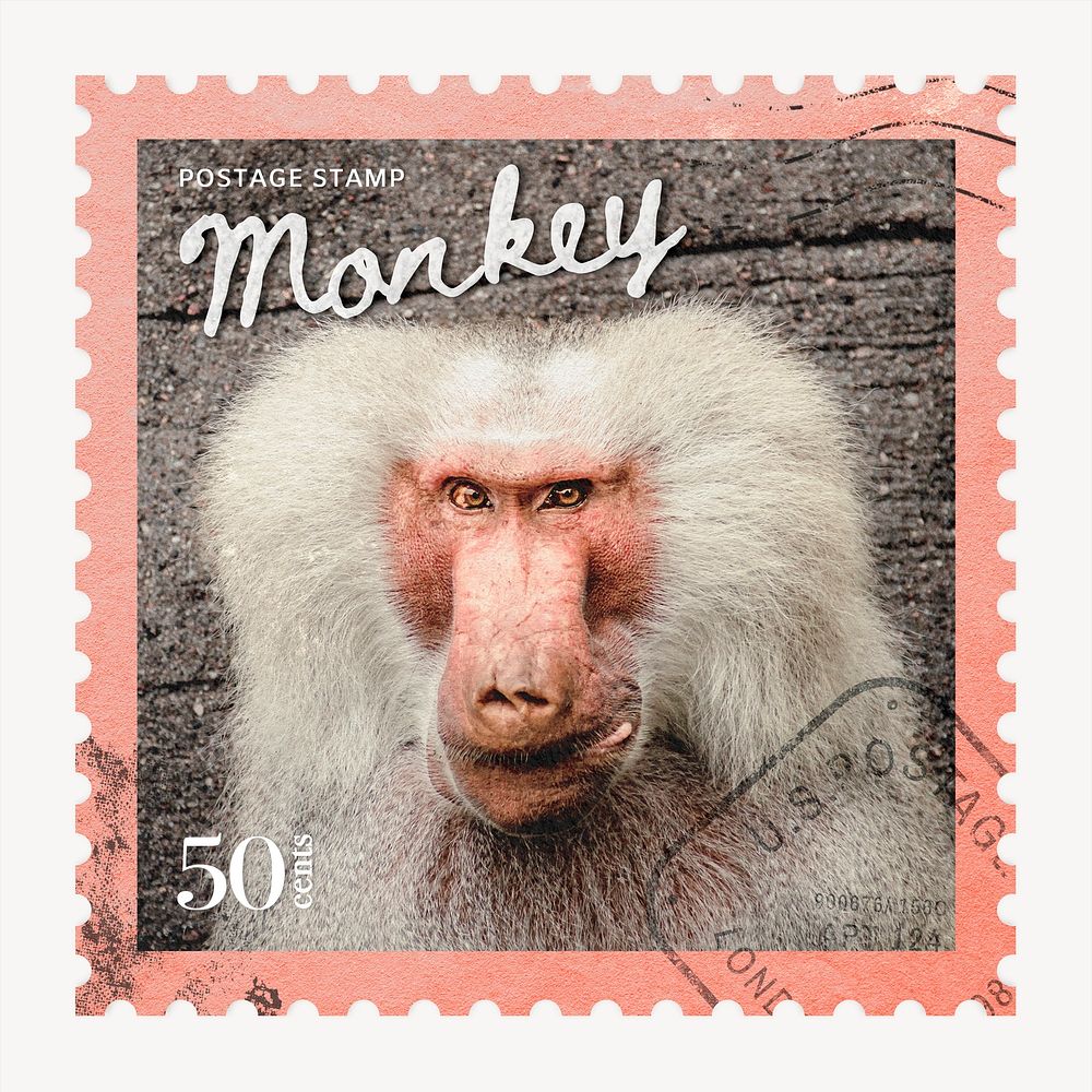 Monkey postage stamp, animal collage element psd