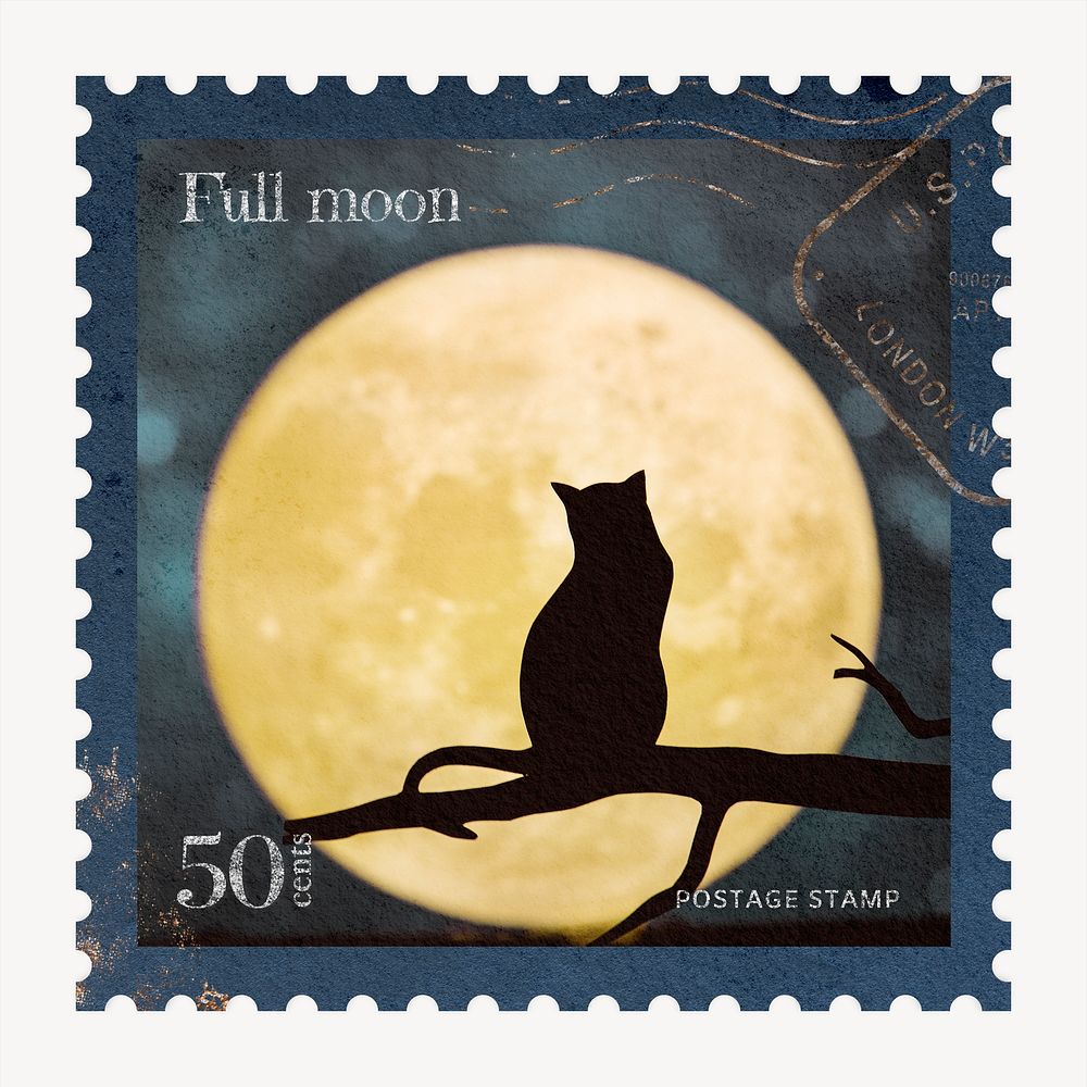 Moon & cat postage stamp, aesthetic animal graphic
