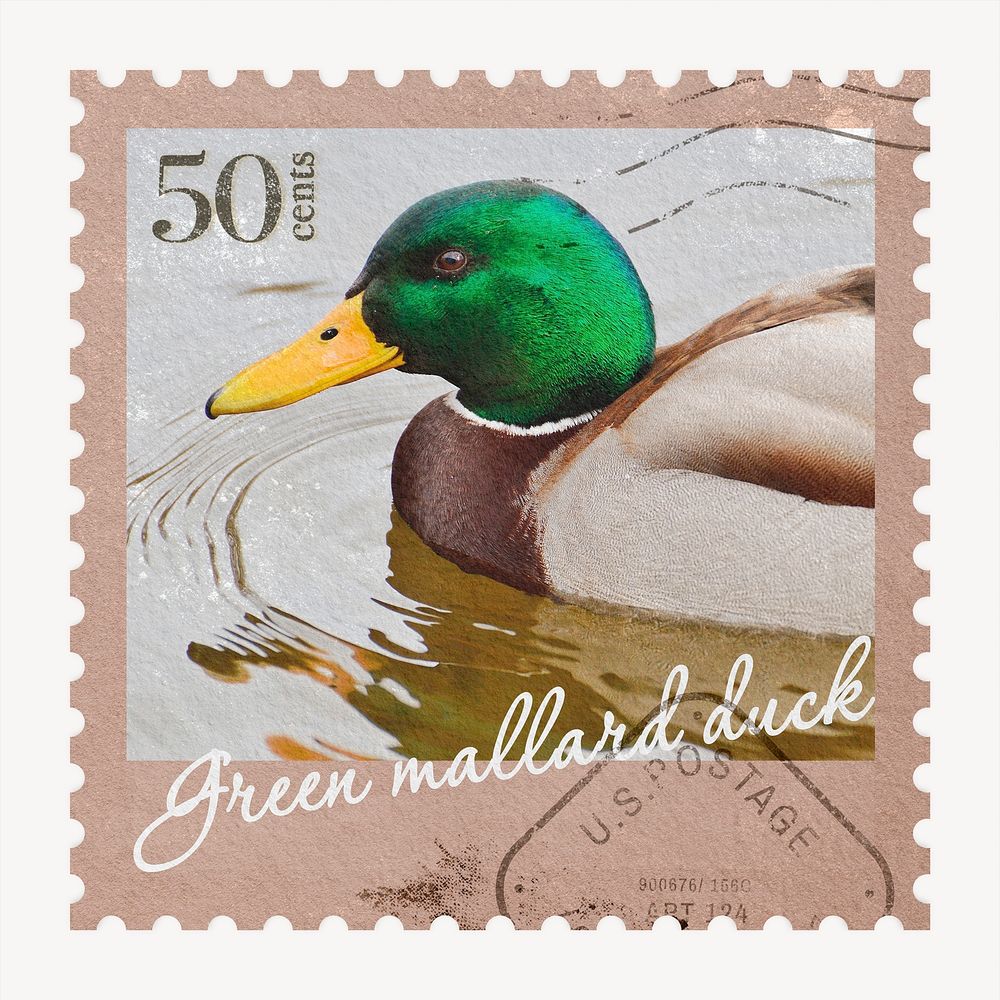 Duck postage stamp, animal collage element psd