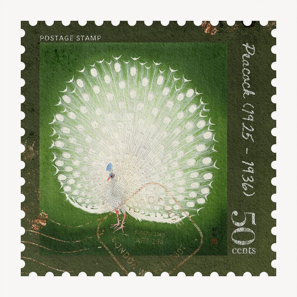 Peacock postage stamp, animal collage element psd