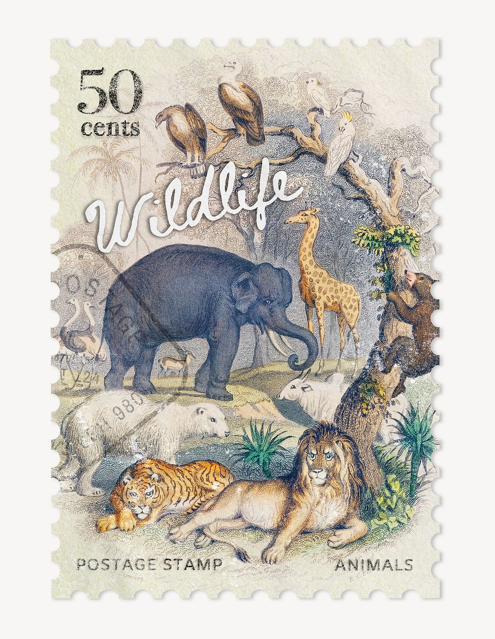 Wildlife postage stamp, ephemera collage element psd