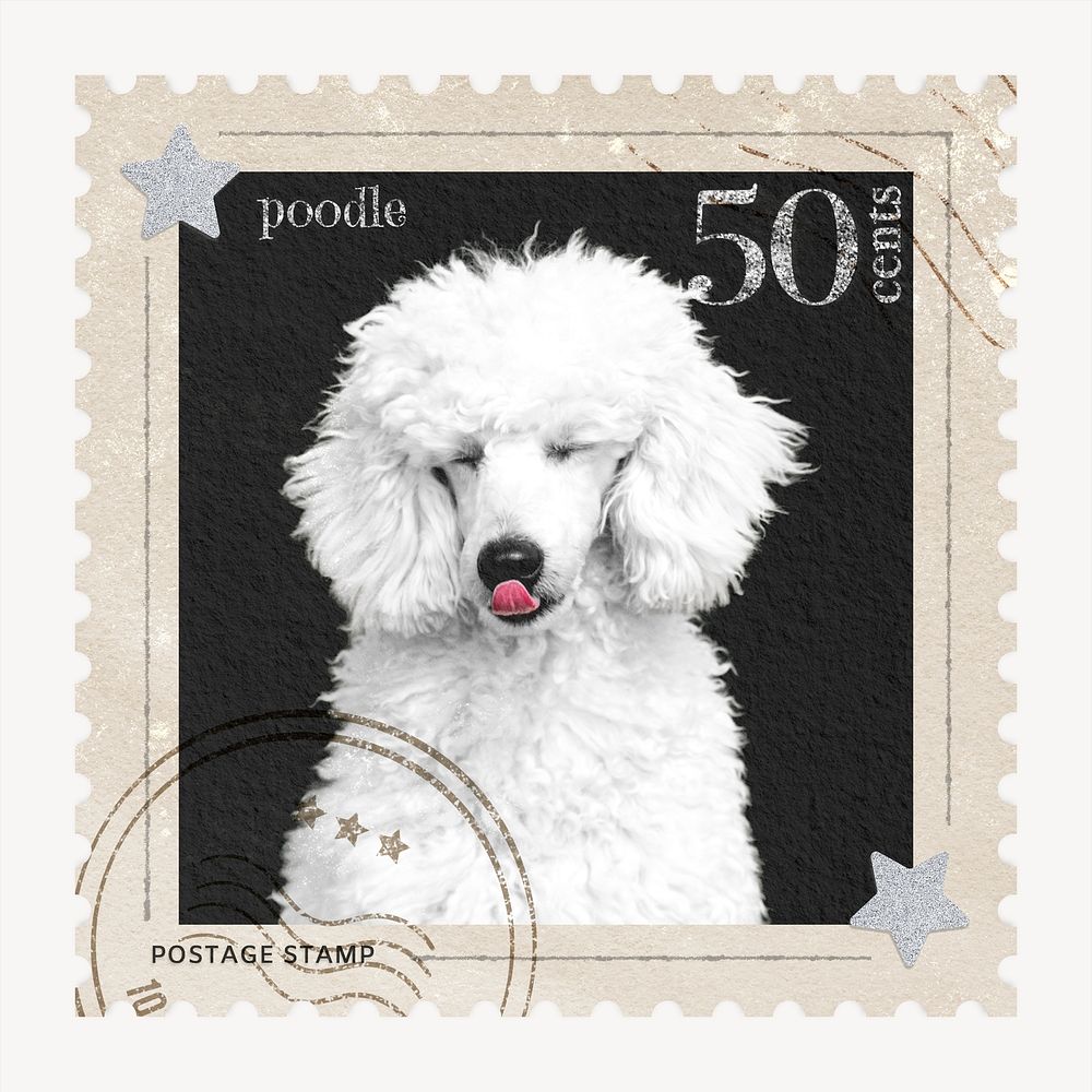Poodle postage stamp, animal collage element psd
