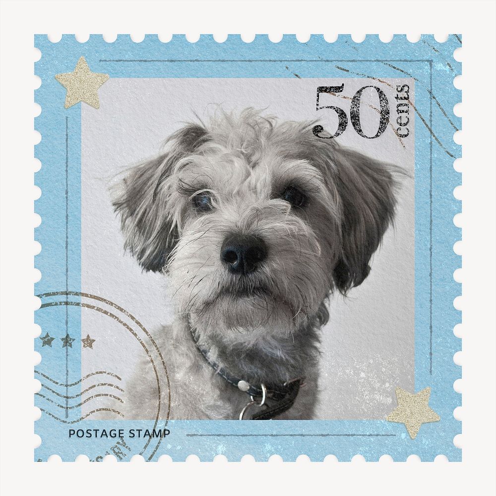 Puppy postage stamp, animal collage element psd