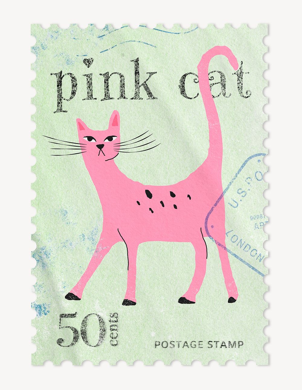 Pink cat postage stamp, animal collage element psd