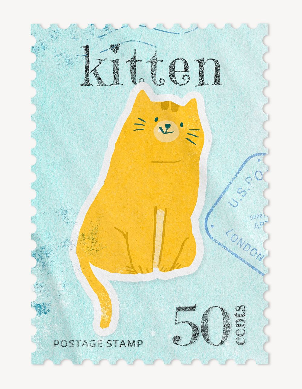 Kitten postage stamp, animal collage element psd