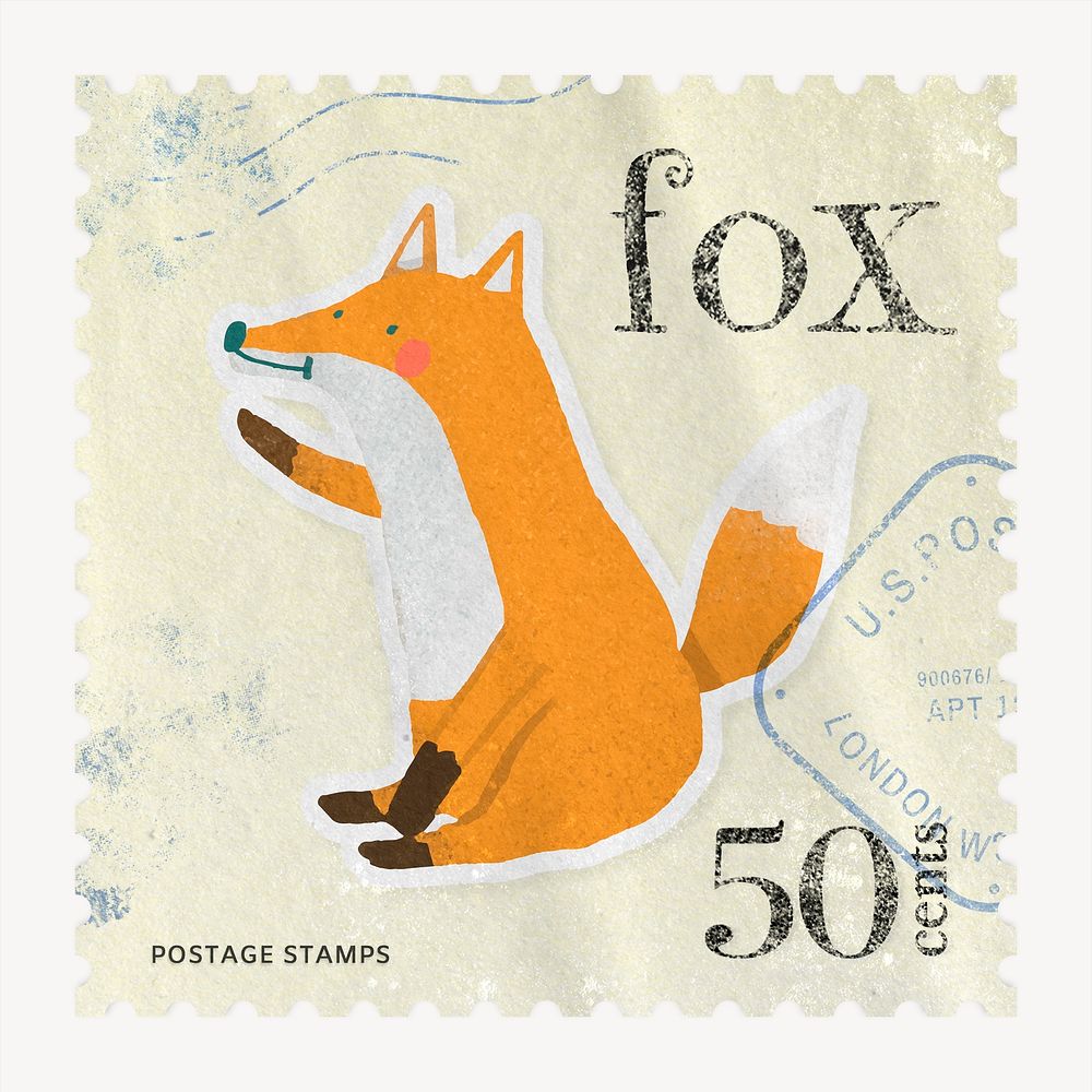 Fox postage stamp, animal collage element psd
