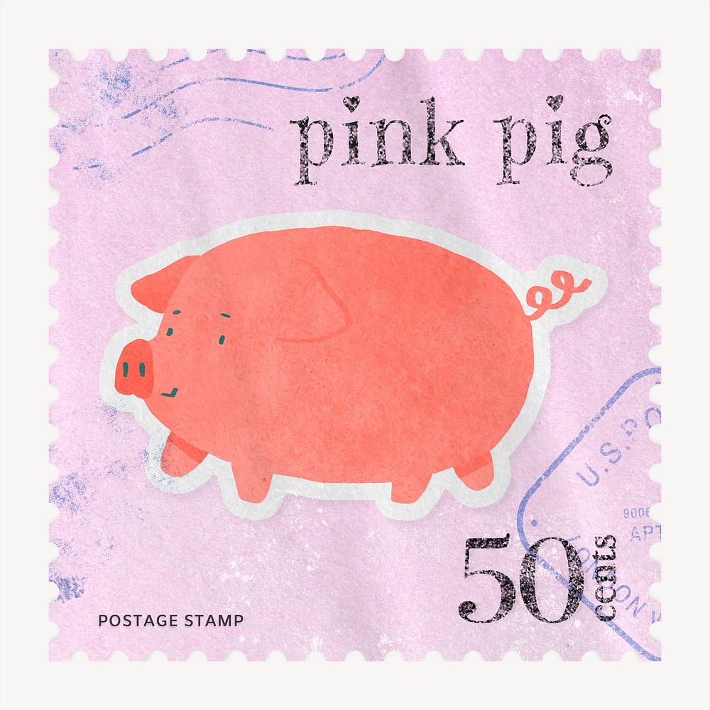 Pink pig postage stamp, aesthetic animal illustration