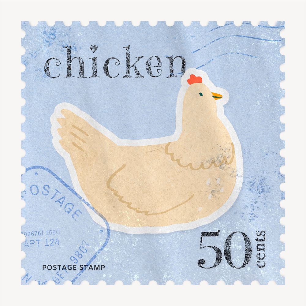 Chicken postage stamp, animal collage element psd