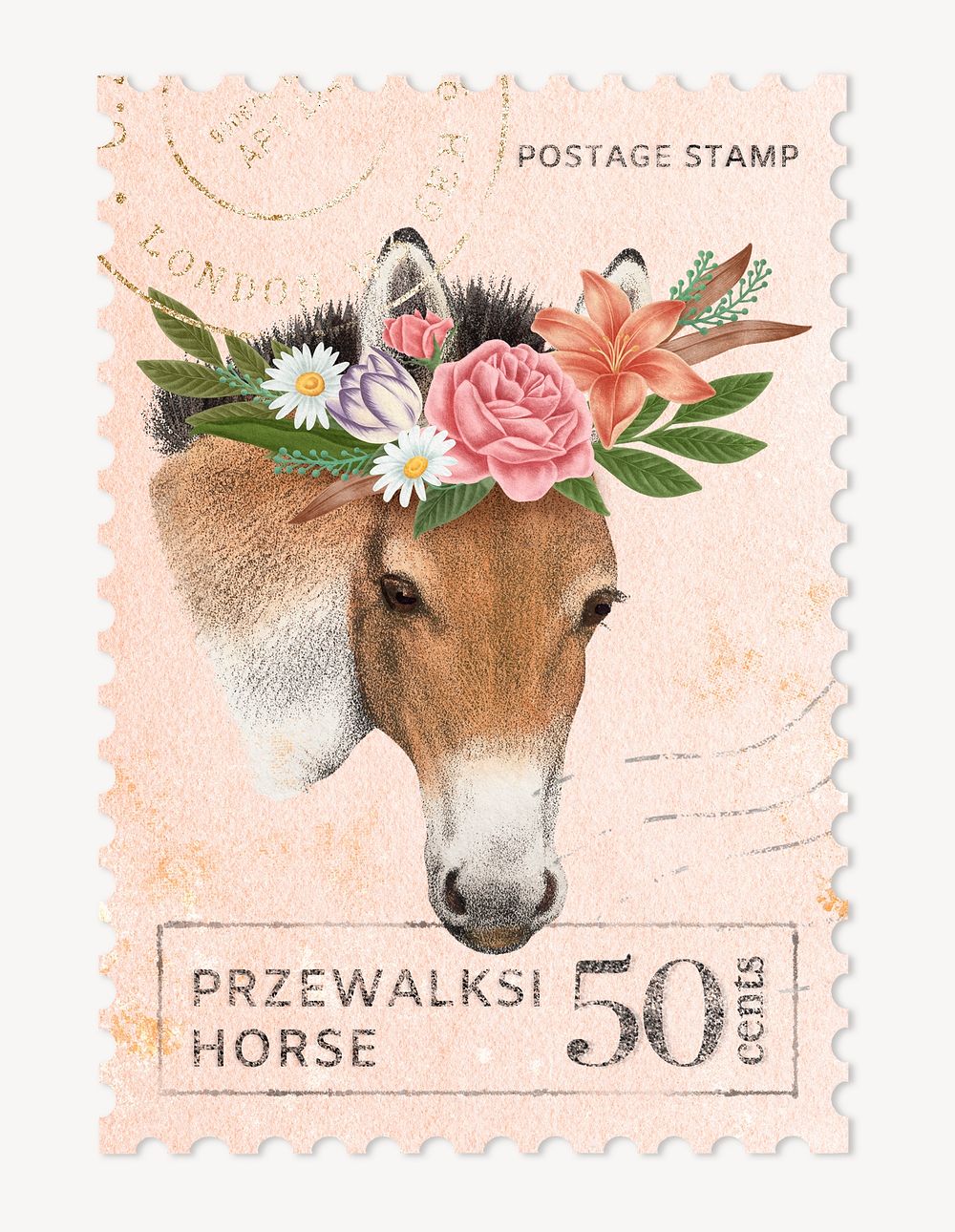 Vintage horse postage stamp, animal collage element psd