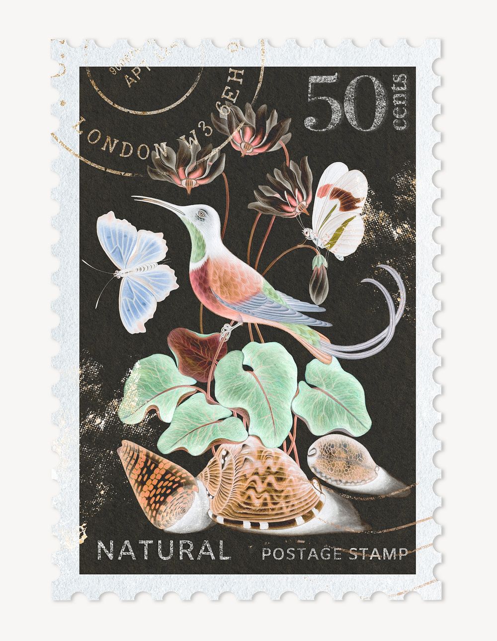 Nature postage stamp, animal collage element psd