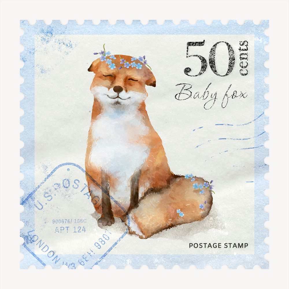 Baby fox postage stamp, animal collage element psd