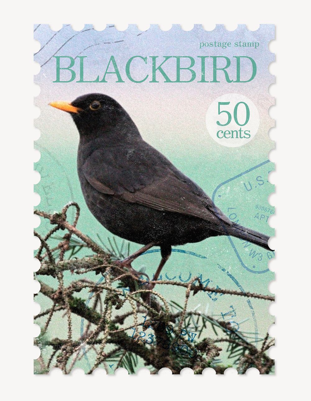 Black bird postage stamp, aesthetic animal graphic