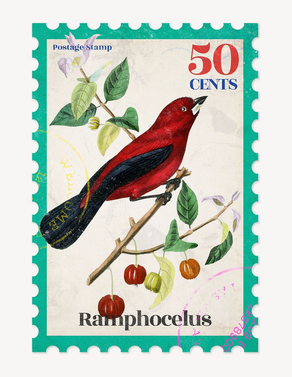 Red bird postage stamp, ephemera collage element psd