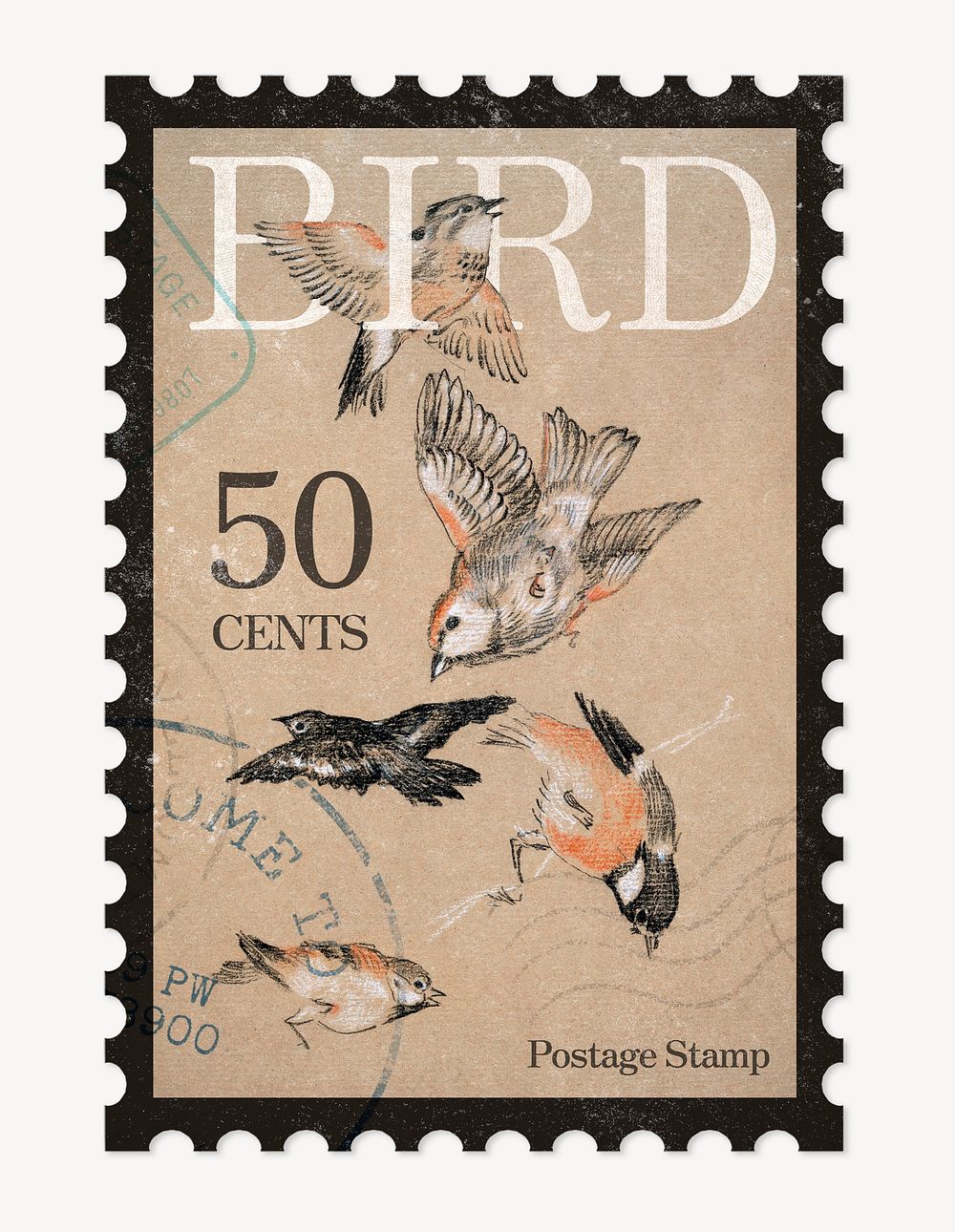 Bird postage stamp, ephemera collage element psd