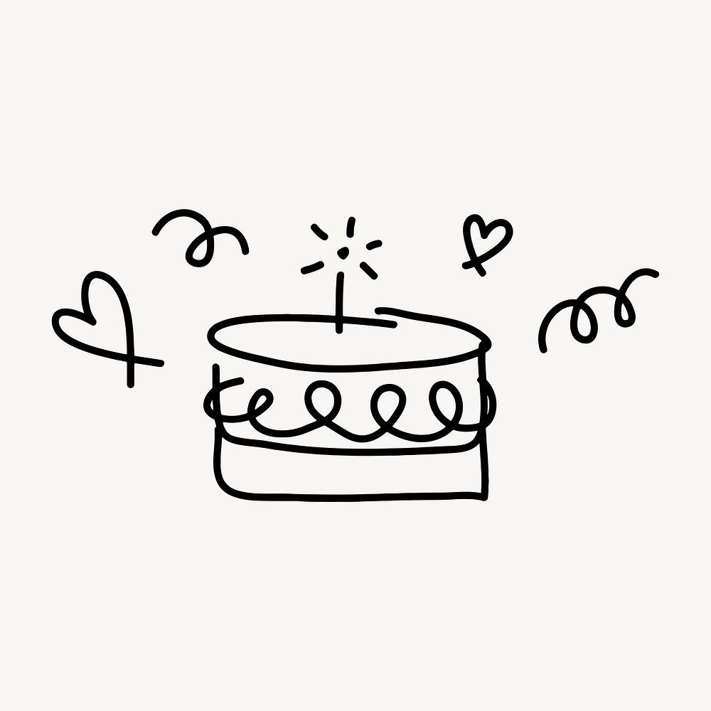 Birthday cake sticker, cute doodle in black vector