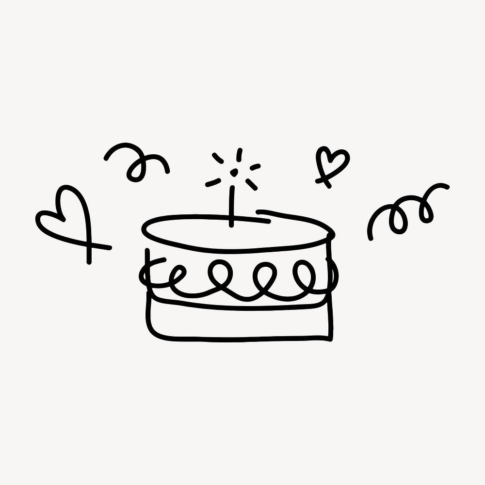 Birthday cake sticker, cute doodle in black psd