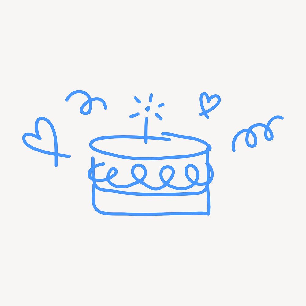 Birthday cake sticker, cute doodle in blue vector