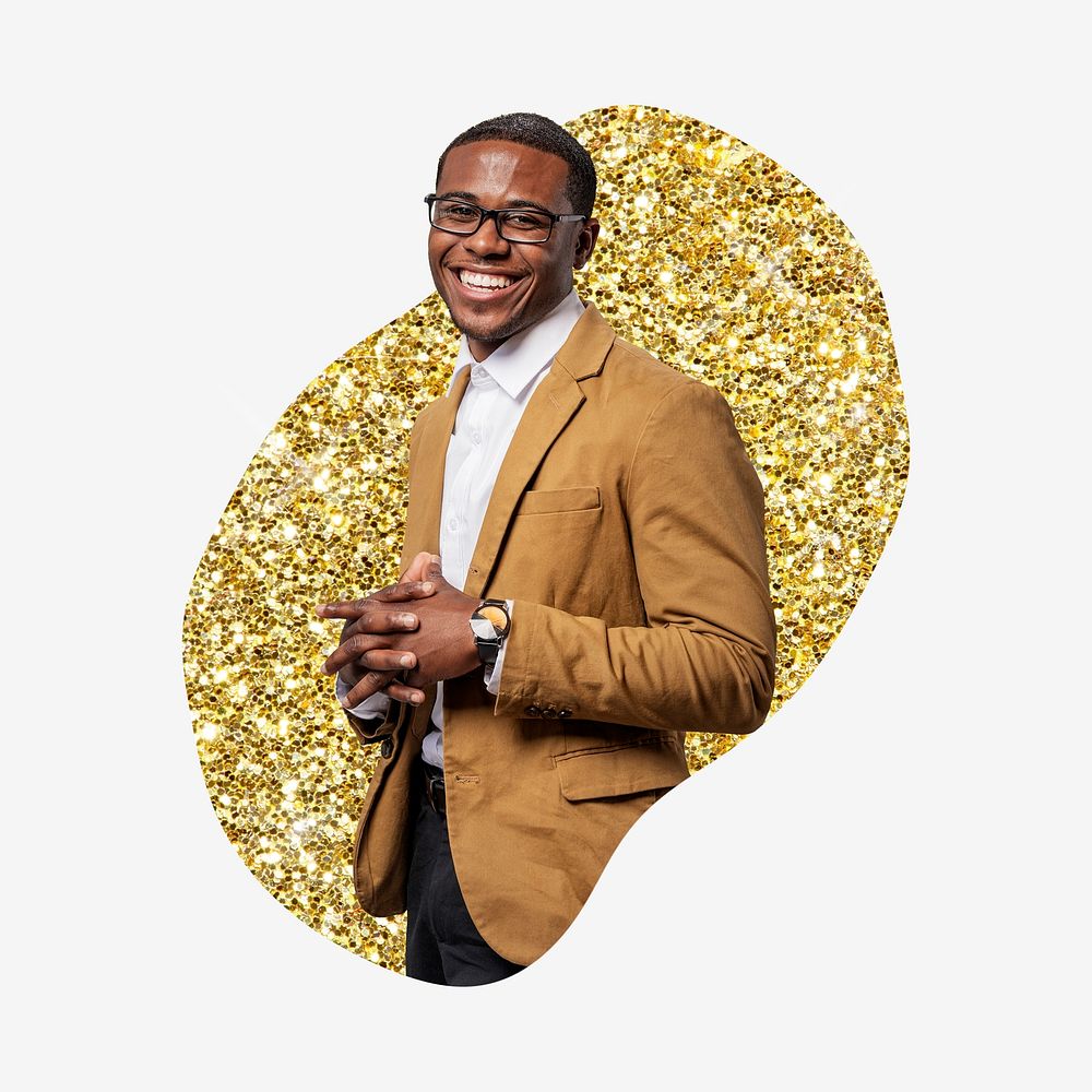 African Businessman, gold glitter blob shape badge