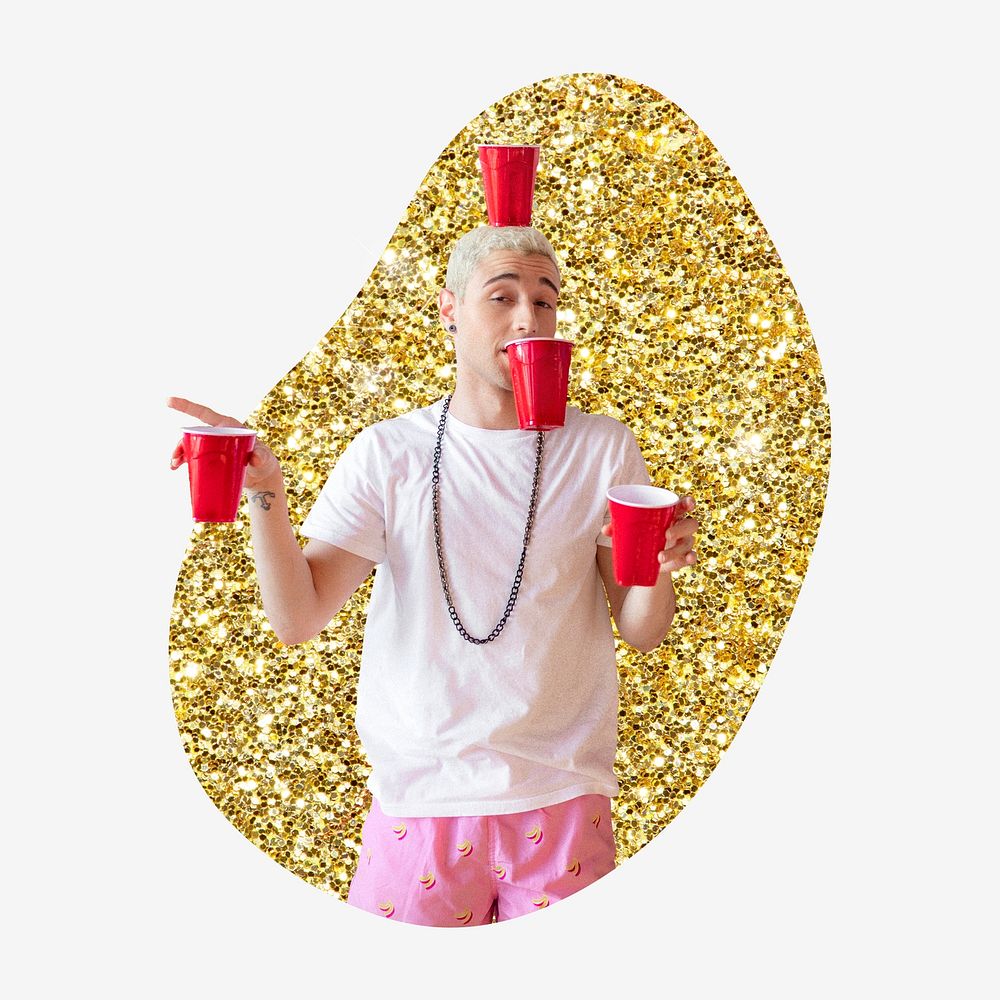 Man holding red cups, gold glitter blob shape badge