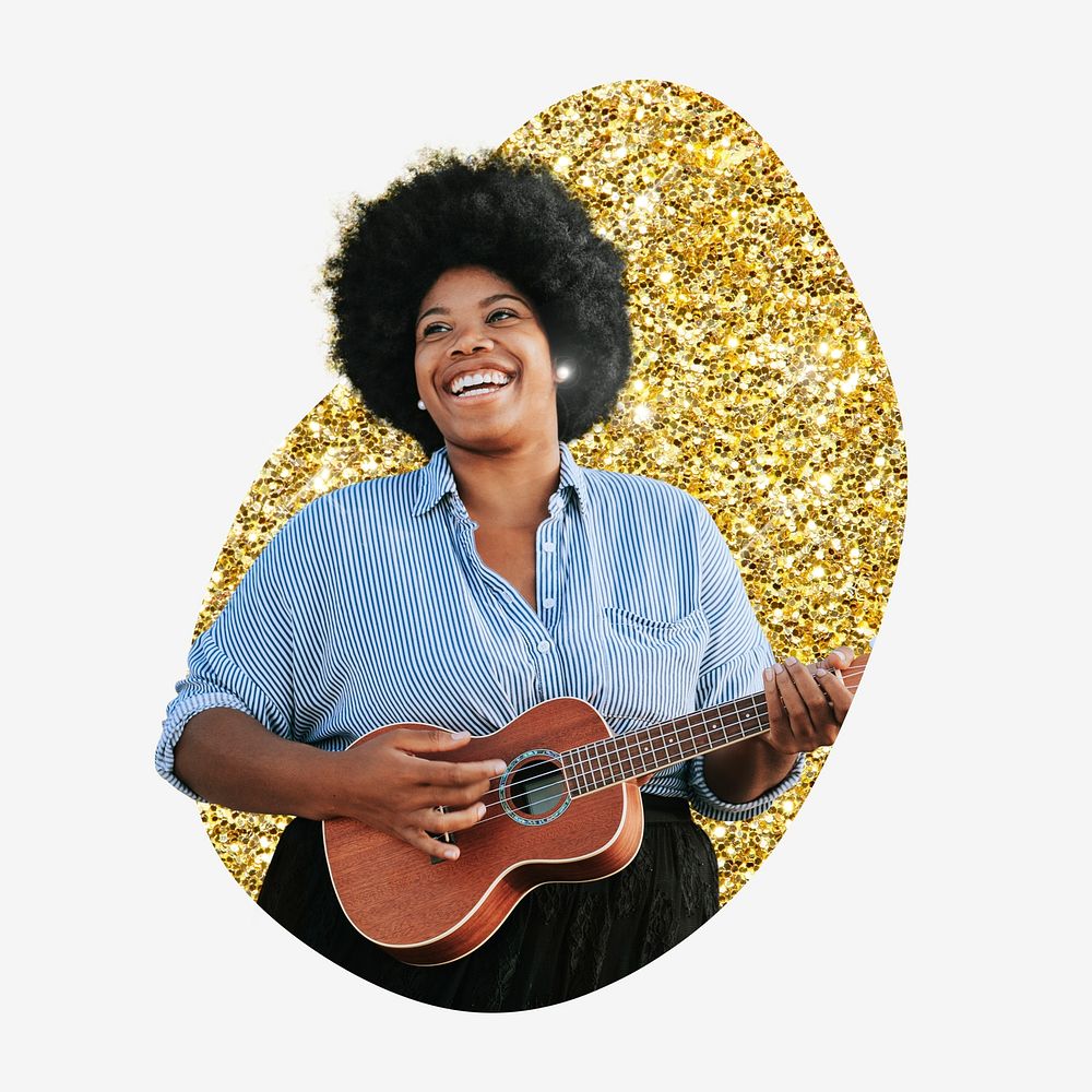 Woman playing ukulele collage element, gold glitter blob shape psd