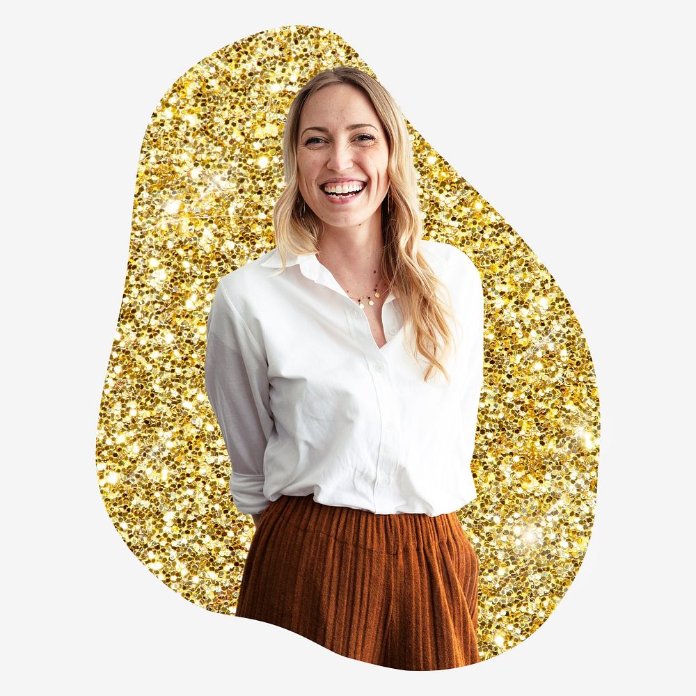 Businesswoman, gold glitter blob shape badge