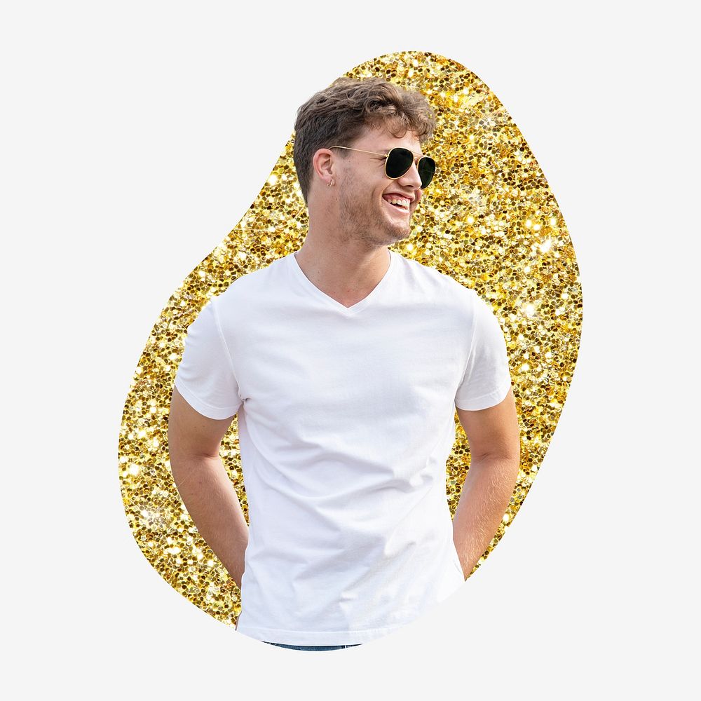 Happy man, gold glitter blob shape badge