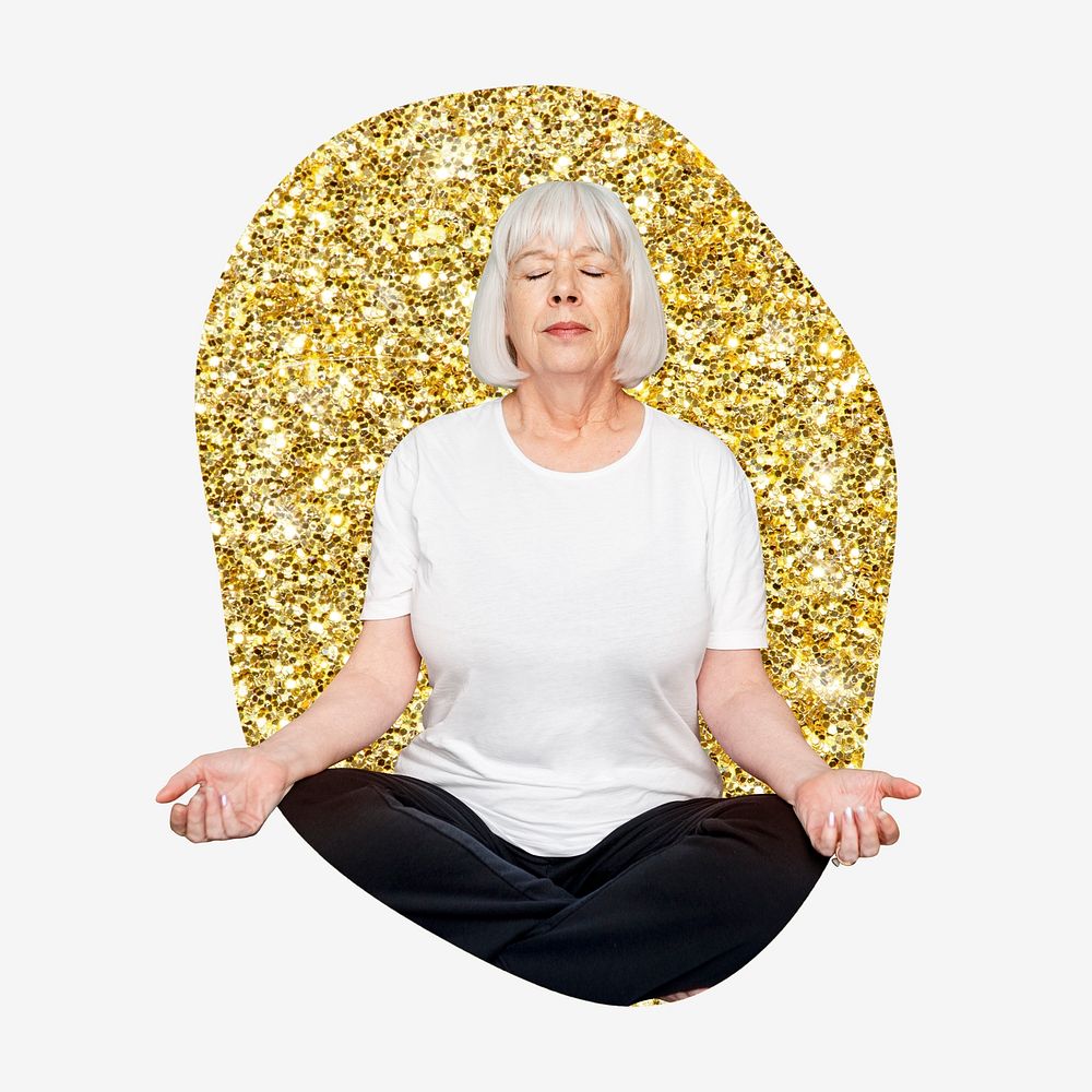 Senior woman meditating, gold glitter blob shape badge