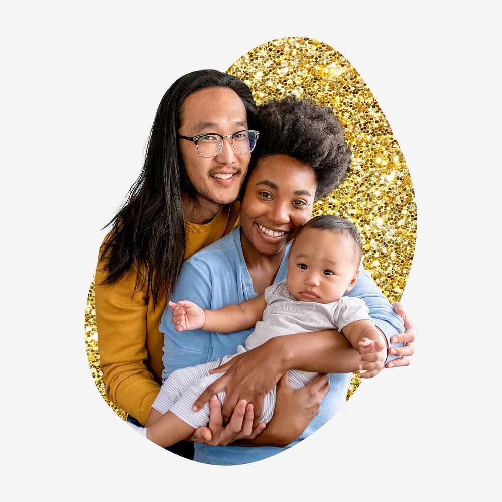 Cute diverse family, gold glitter blob shape badge