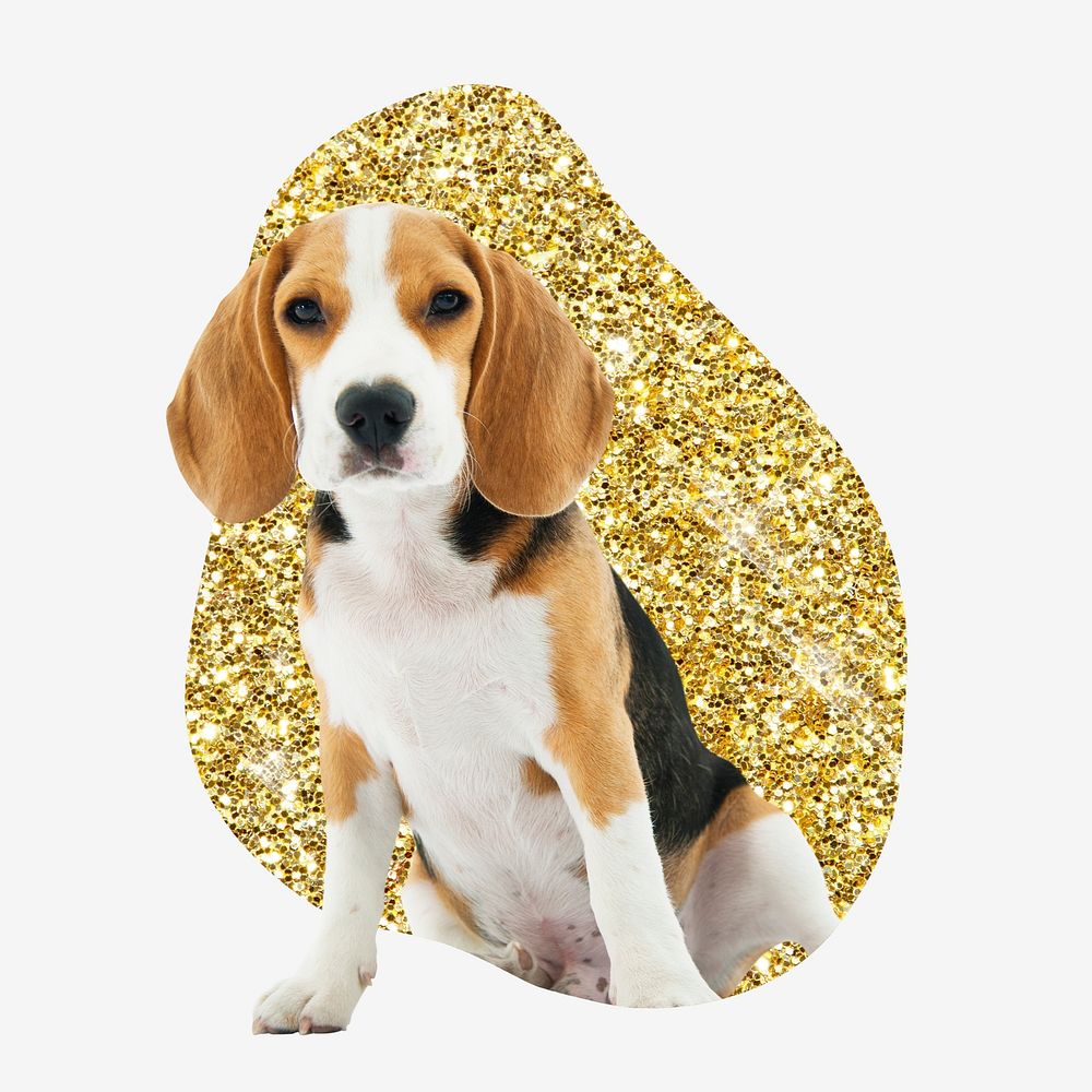 Beagle dog, gold glitter blob shape badge
