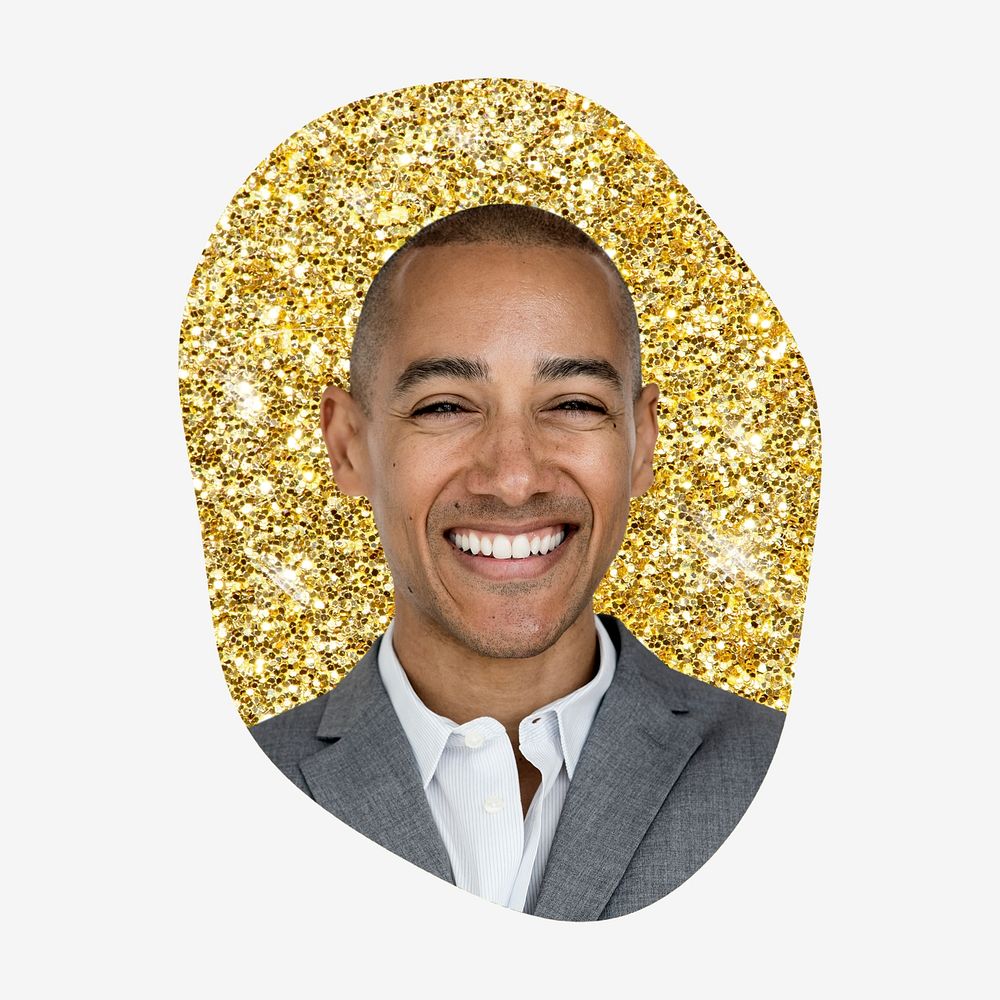 Confident businessman, gold glitter blob shape badge