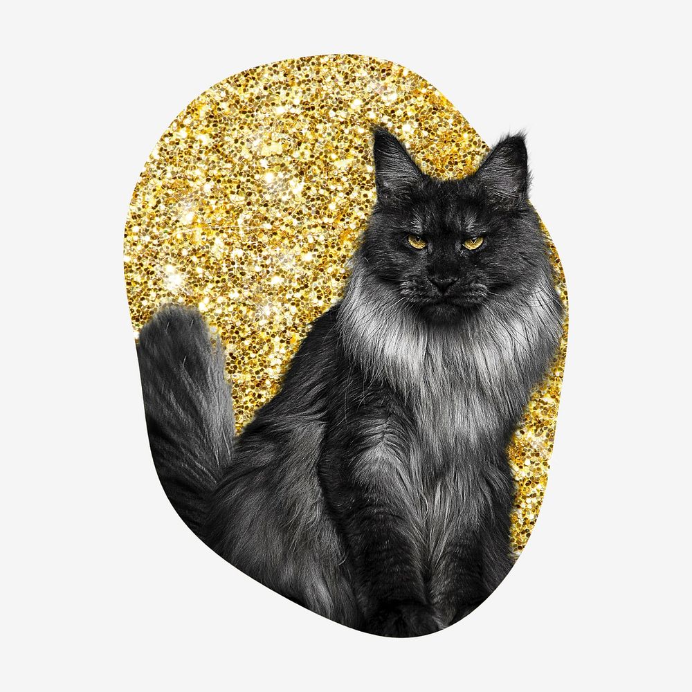 Angora cat, gold glitter blob shape badge