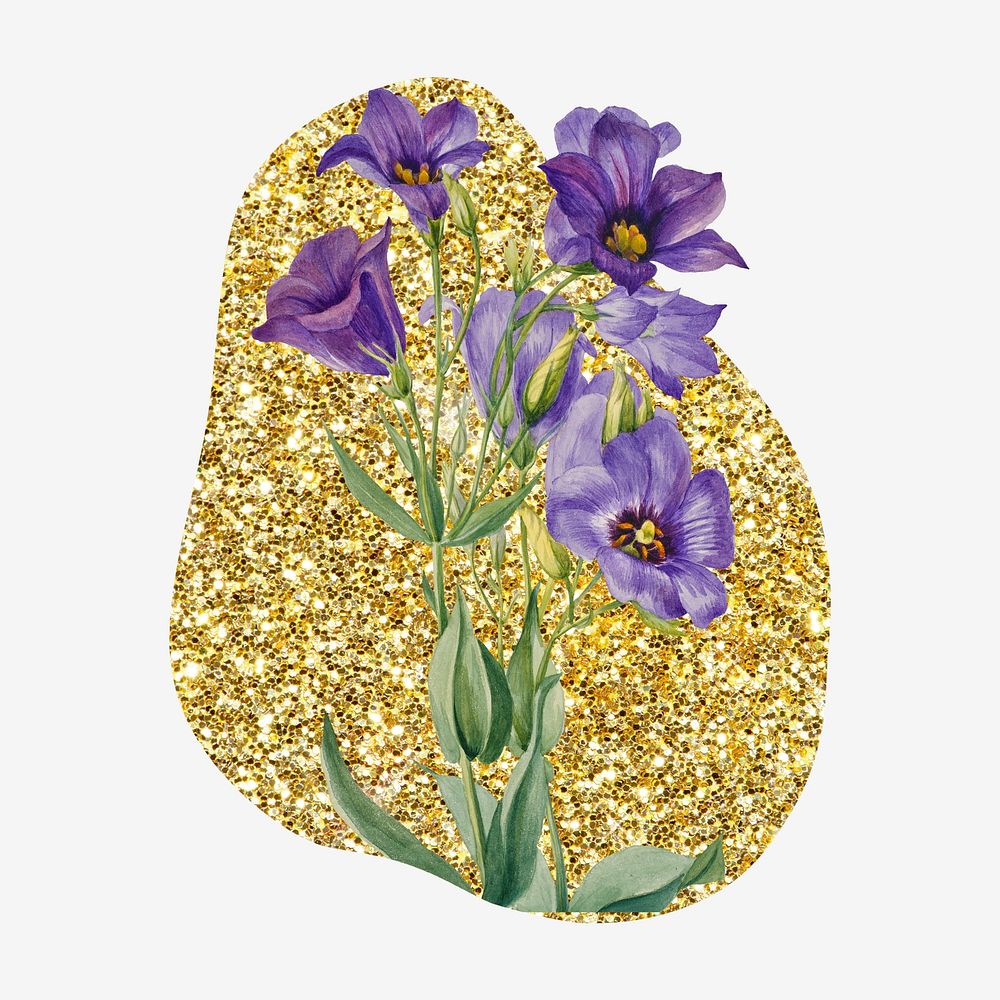 Texas bluebell flower, gold glitter blob shape badge